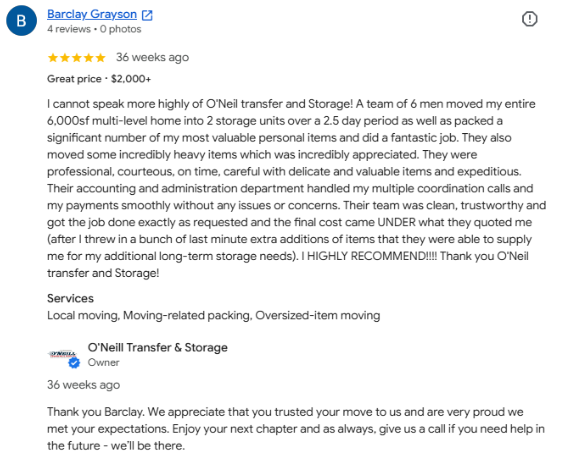 Verified Review for Mountain Moving and Storage